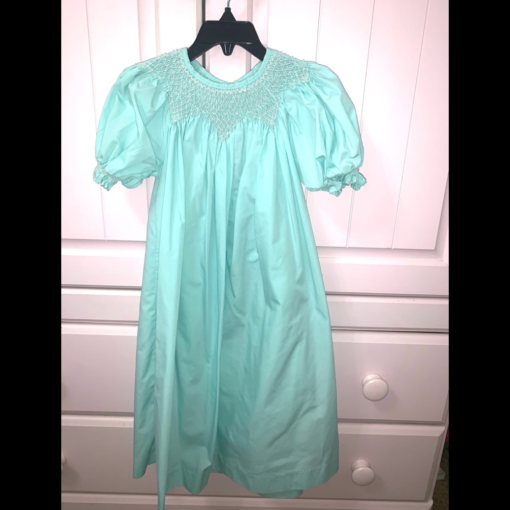 Mint with pearls smock dress. Girls 4.